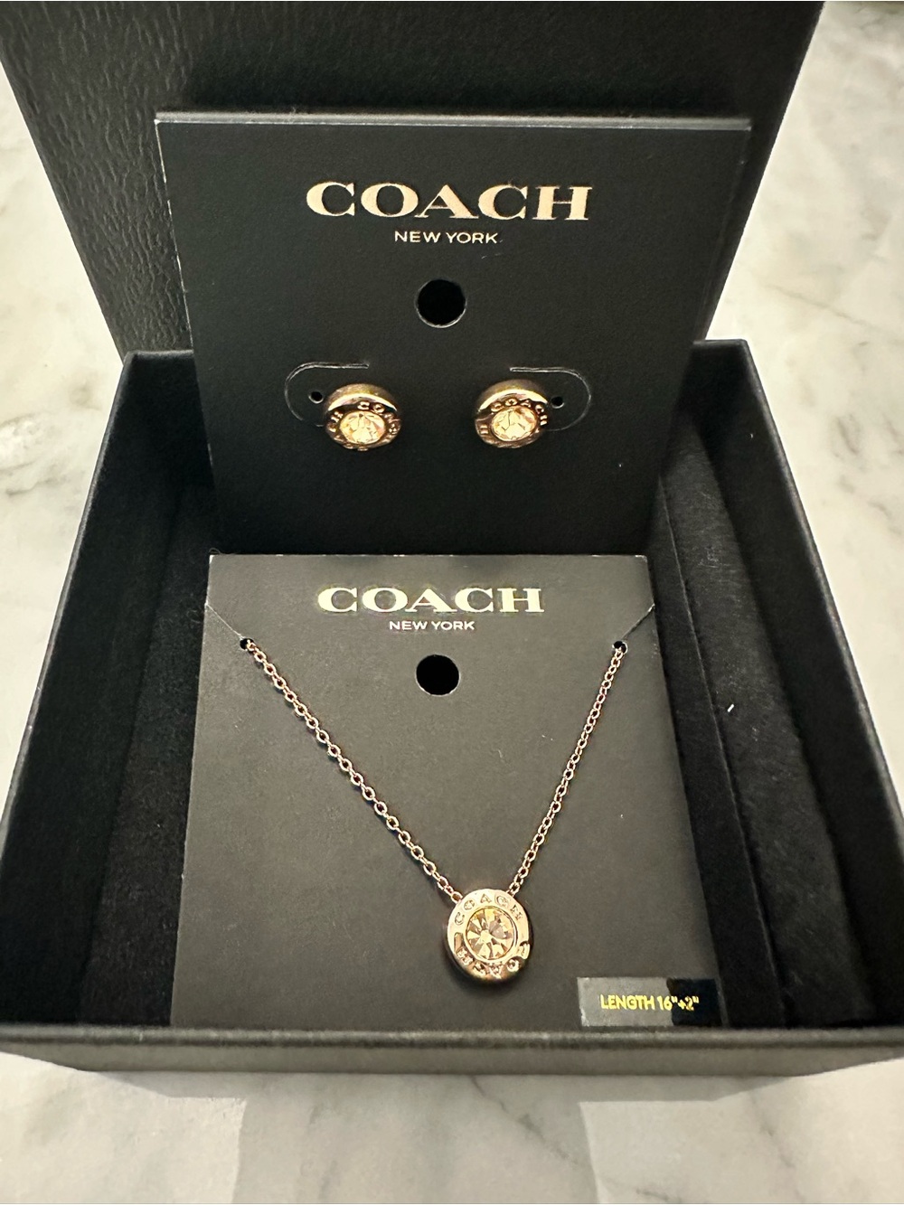 Coach Rose Gold Signature Medallion Necklace with Stud Earrings